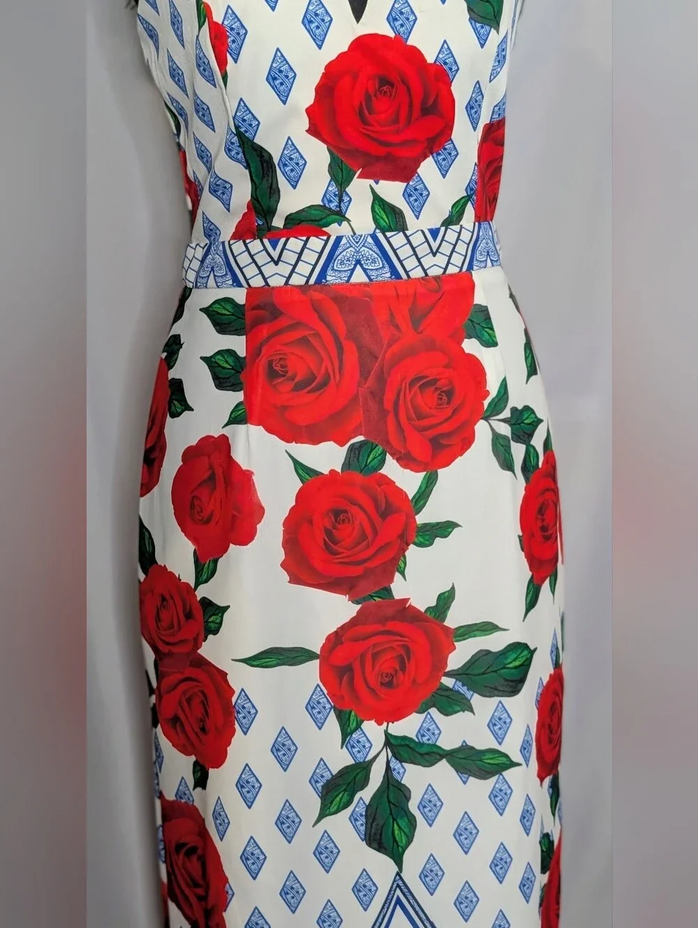LUXMI Rose Floral Halter Maxi Dress Size S Blue Red High Slit